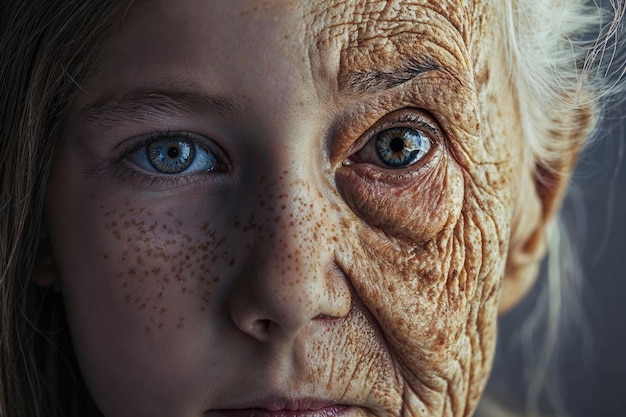 Zdjęcie portret mieszający młodość dziewczyny z zmarszczkami starszych symbolizujący czas