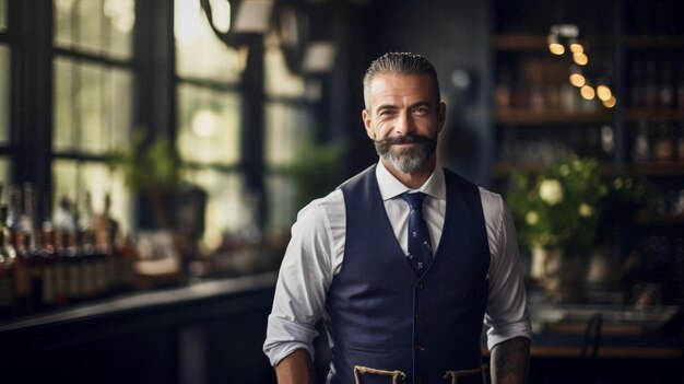 Portret miksologa w latach czterdziestych z podkładkami trzymającymi koktajlowy shaker