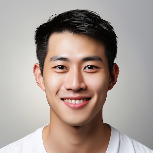 Portret młodego azjatyckiego mężczyzny uśmiechającego się odizolowanego na szarym tle