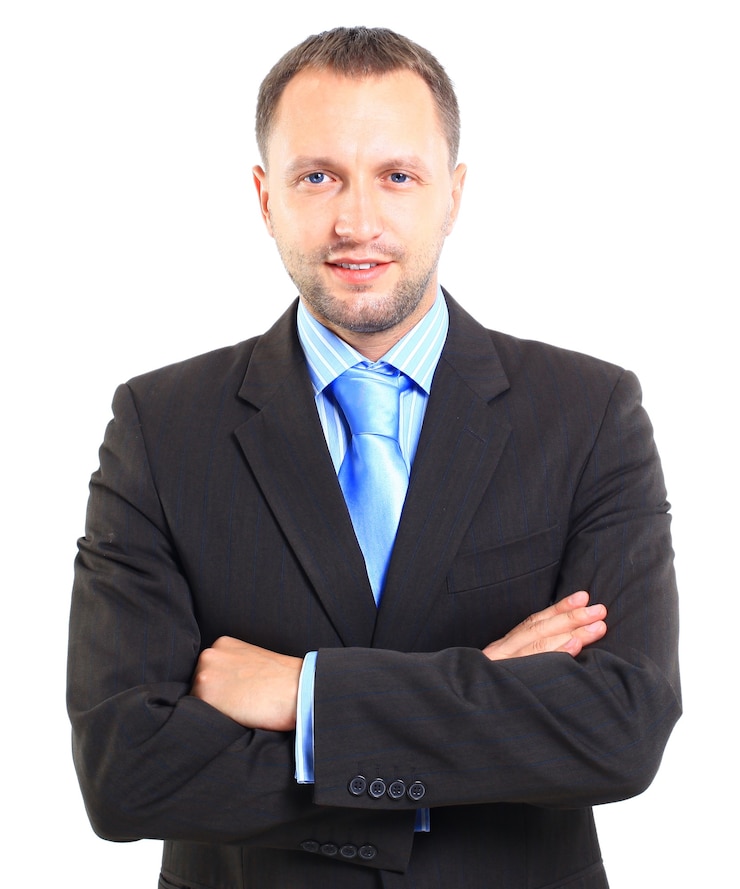 Zdjęcie portret młodego biznesmena na białym tle