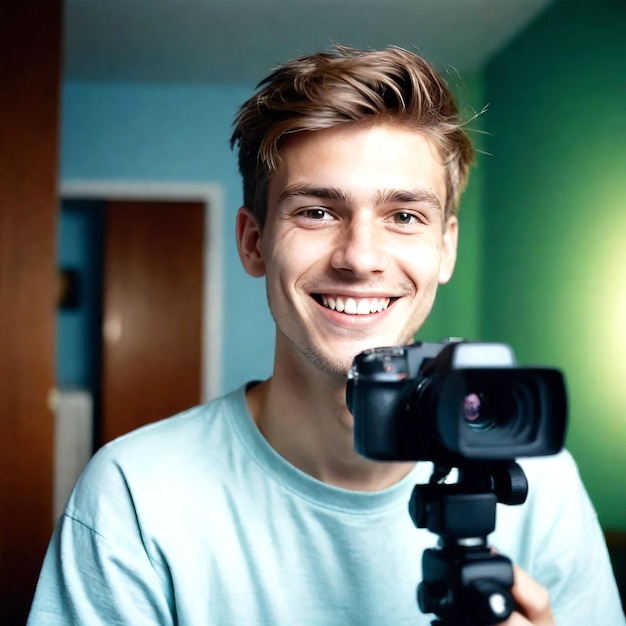 Zdjęcie portret młodego blogera nagrywającego wideo w domu