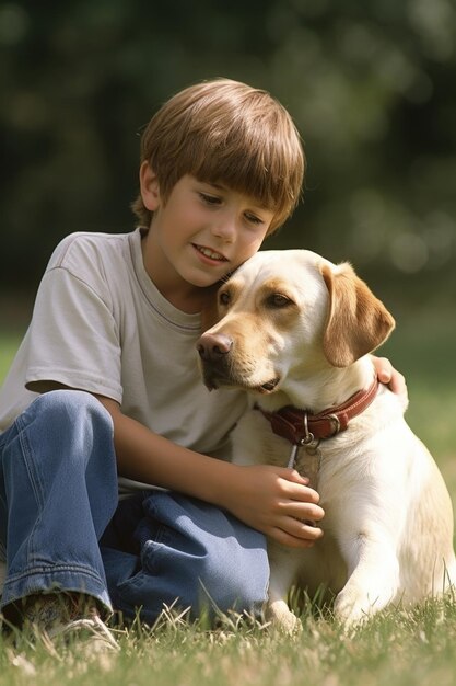 Portret młodego chłopca łączącego się ze swoim psem na trawniku