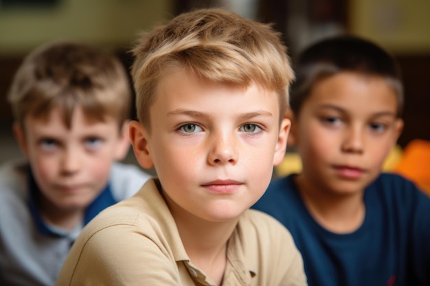 Portret młodego chłopca siedzącego ze szkolnymi przyjaciółmi w stołówce, stworzony za pomocą generatywnej sztucznej inteligencji