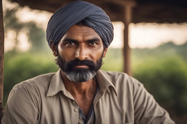 Portret młodego indyjskiego rolnika w turbanie