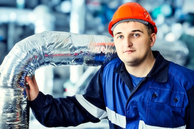 Portret młodego inżyniera w kasku w środowisku pracy w fabryce Pracownik gazowniczy pewnie patrzy bezpośrednio w kamerę