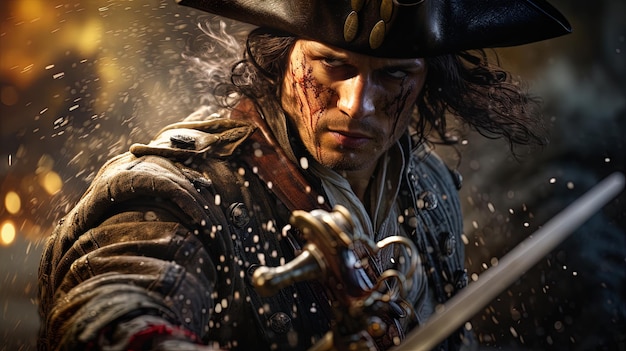 Portret młodego kapitana piratów w bitwie lub walce z generatywną sztuczną inteligencją