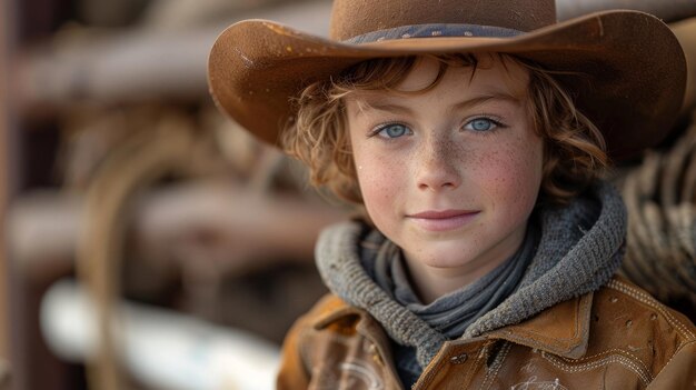 Zdjęcie portret młodego kowboja na farmie z generatywną sztuczną inteligencją