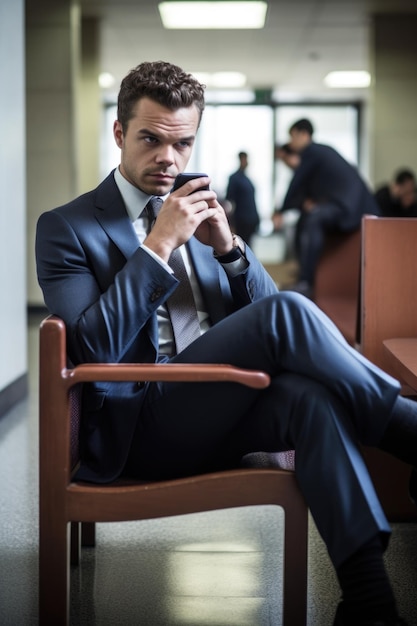 Portret młodego mężczyzny korzystającego z telefonu komórkowego, siedzącego w poczekalni sądu