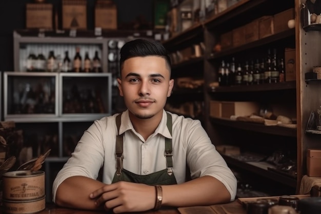 Portret młodego mężczyzny pracującego w swoim sklepie stworzony za pomocą generatywnej sztucznej inteligencji