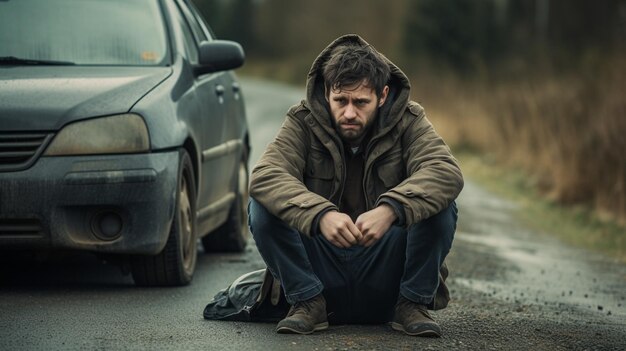 portret młodego mężczyzny siedzącego na drodze z zepsutym samochodem