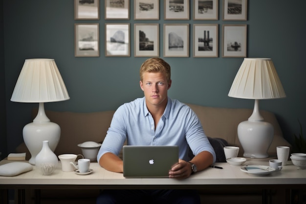 Portret młodego mężczyzny siedzącego przy biurku przed laptopem