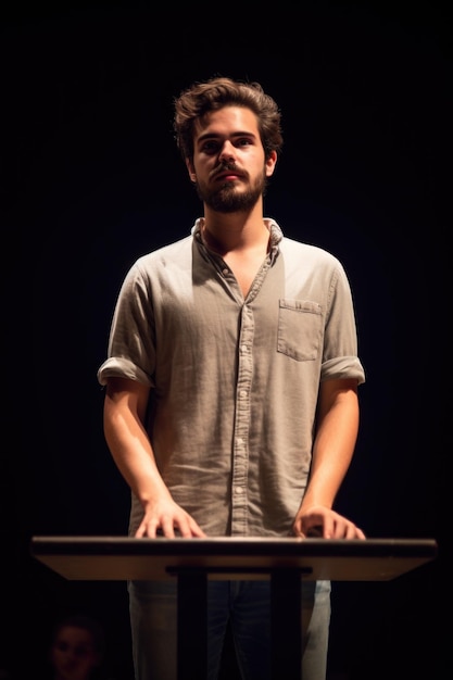 Zdjęcie portret młodego mężczyzny stojącego na scenie podczas wykładu na uniwersytecie stworzony za pomocą generatywnej ai