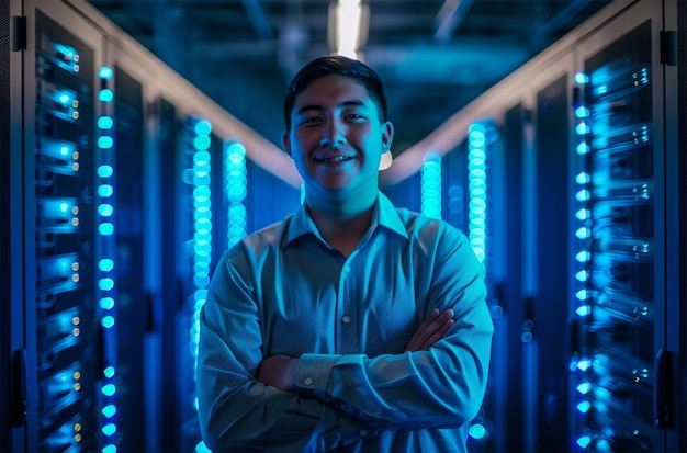 Portret młodego mężczyzny stojącego z skrzyżowanymi ramionami przed serwerem w centrum danych