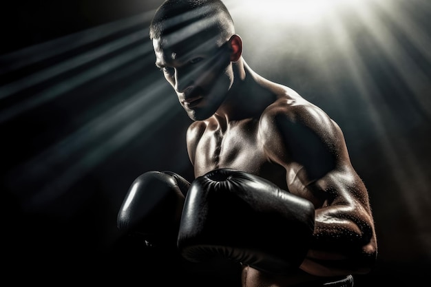 Portret młodego mężczyzny trenującego boks na arenie bokserskiej na siłowni Stworzony przy użyciu technologii Generative Ai