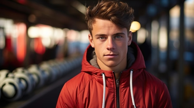 Portret młodego mężczyzny w czerwonej kurtce na arenie treningowej piłki nożnej