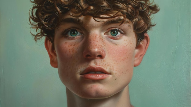 Portret młodego mężczyzny z kręconymi brązowymi włosami i zielonymi oczami Ma kilka piegi na twarzy i lekko rozstawione usta