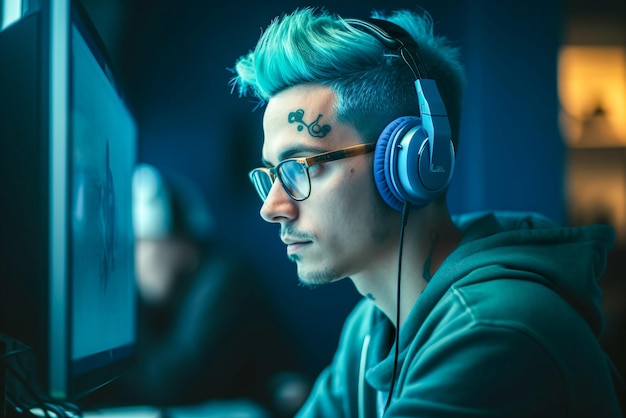 Portret młodego mężczyzny z tatuażami na twarzy i niebieskimi włosami w słuchawkach grającego w gry komputerowe Generatywna sztuczna inteligencja