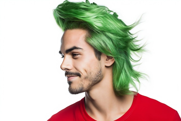 Portret młodego mężczyzny z zielonymi włosami na białym tle