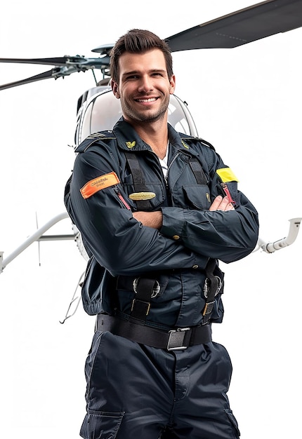 Portret młodego pilota w mundurze i okularach przeciwsłonecznych