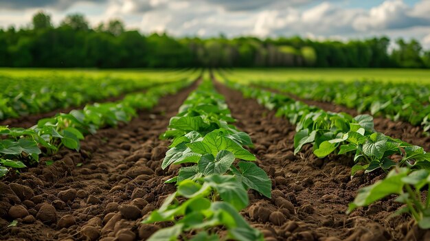 Portret młodego pola słodkich ziemniaków w porannym świetle dziennym z dużą przestrzenią dla tekstu lub produktów Generatywna sztuczna inteligencja