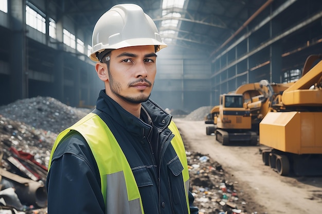 Zdjęcie portret młodego pracownika w kasku w dużej fabryce recyklingu odpadów inżynier monitoruje pracę maszyn