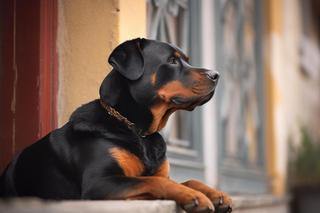 Portret młodego psa rottweilera Selective focus AI Generated