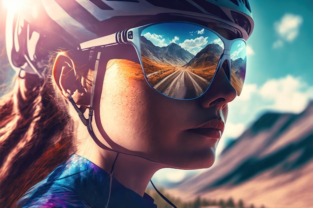 Portret młodego rowerzysty w okularach przeciwsłonecznych z cudownym odbiciem góry
