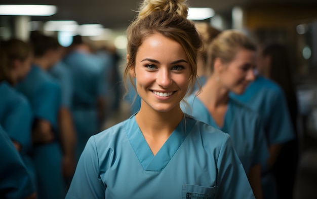 Portret młodego studenta pielęgniarstwa stojącego z nią