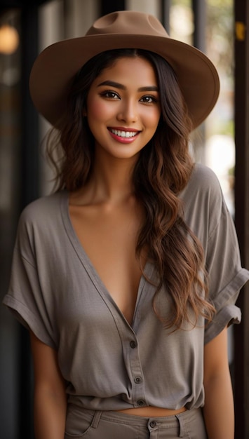 Portret młodego, stylowego, śmiejącego się modelu w szarych, codziennych letnich ubraniach, w brązowym kapeluszu z naturalnym makijażem