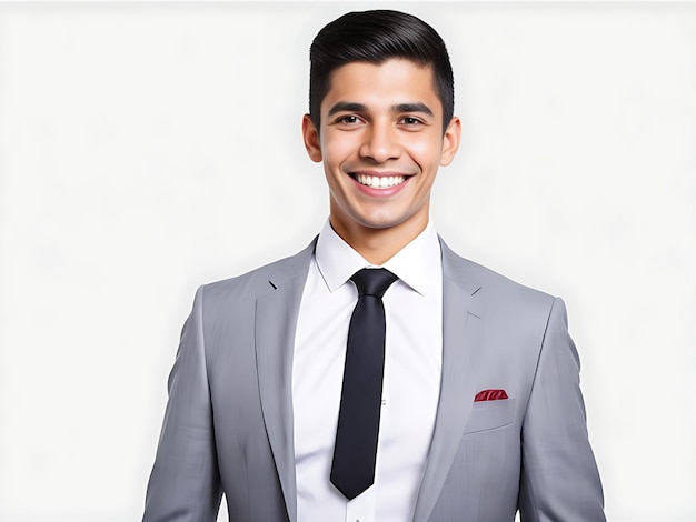 Portret młodego, szczęśliwego uśmiechniętego biznesmena odizolowanego na białym tle