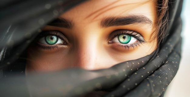 Portret młodej arabskiej kobiety w czarnym hidżabie z zielonymi oczami Tradycyjne ubrania Baner
