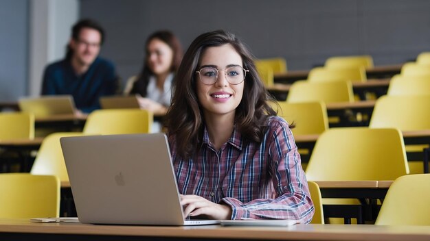 Portret młodej atrakcyjnej kobiety siedzącej w sali wykładowej pracującej na laptopie w okularach