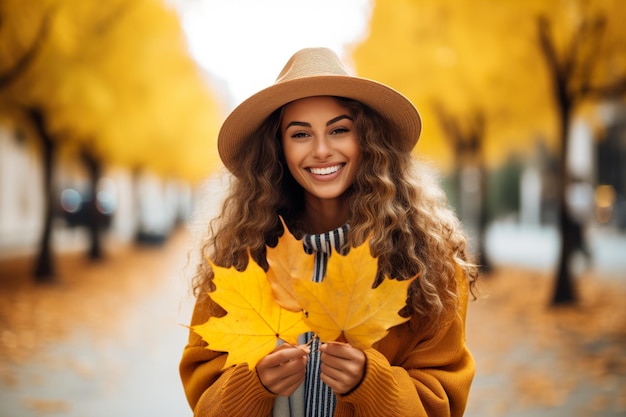 Zdjęcie portret młodej atrakcyjnej kobiety w kapeluszu trzymającej żółte liście w rękach w jesienny słoneczny dzień