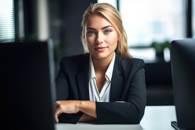 Portret młodej bizneswoman pracującej na komputerze w biurze utworzonym za pomocą generatywnej sztucznej inteligencji