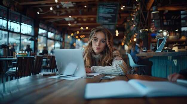 Portret młodej bizneswoman pracującej na laptopie siedząc w kawiarni