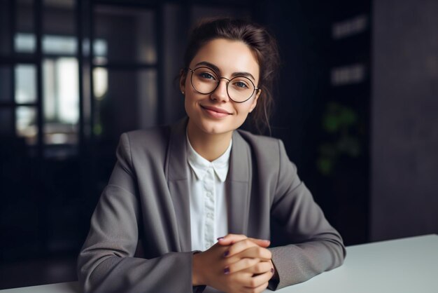 Portret młodej bizneswoman w okularach siedzi przy biurku w biurze Generative AI