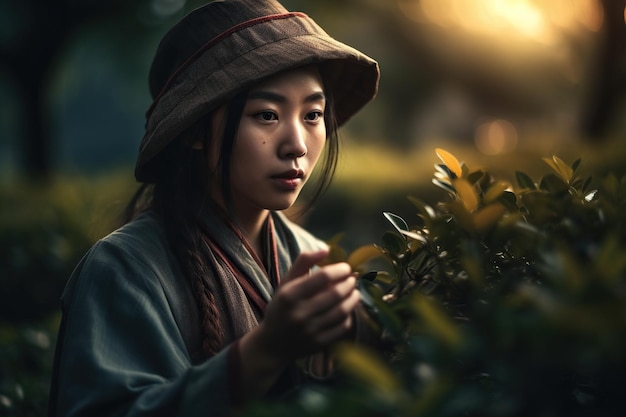 Portret młodej Chinki zbierającej herbatę o świcie Generacyjna sztuczna inteligencja