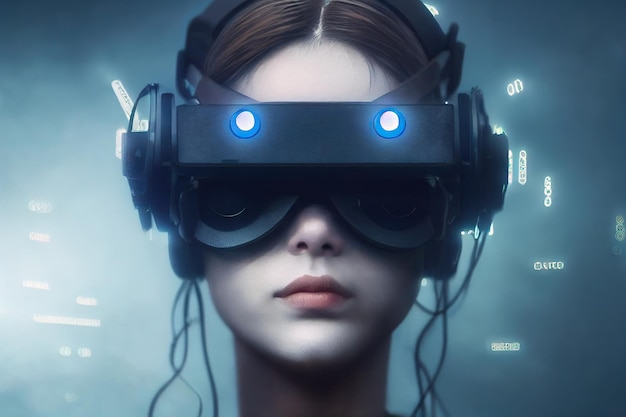 Portret młodej cyber dziewczyny ze świecącymi niebieskimi oczami nosi okulary wirtualnej rzeczywistości science fiction