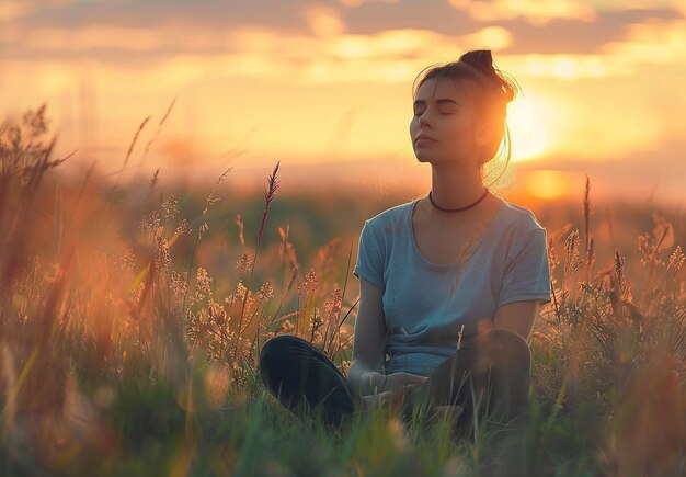 Zdjęcie portret młodej dziewczyny siedzącej na polu i wykonującej medytację jogę