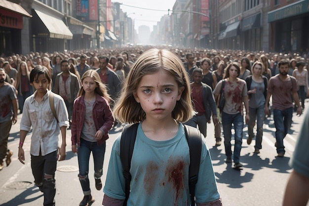 Portret młodej dziewczyny w ciągu dnia na ruchliwej ulicy pełnej tłumu zombie