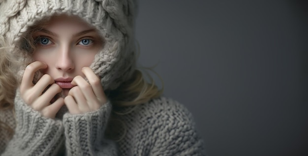 Zdjęcie portret młodej dziewczyny w ciepłym, dzierżonym swetrze