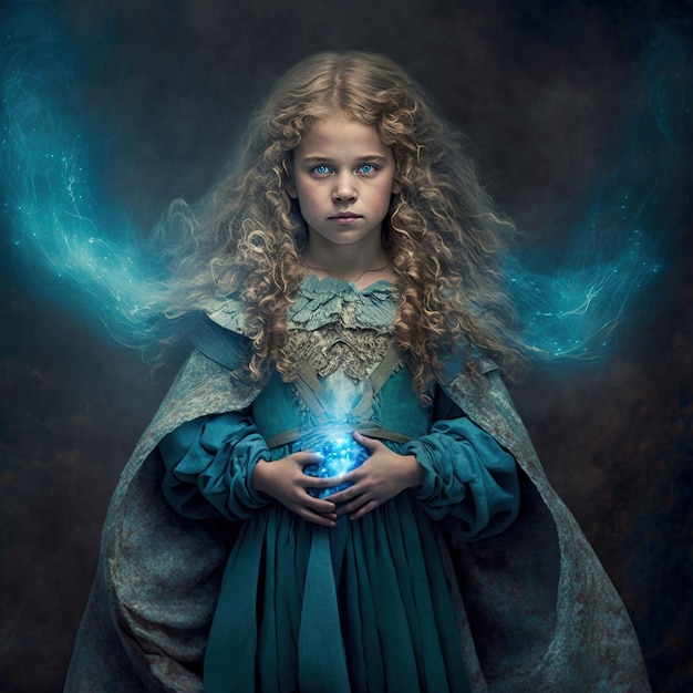 Portret młodej dziewczyny w fantazji w niebieskiej sukience czarodzieja. Sztuka cyfrowa generowana przez sztuczną inteligencję