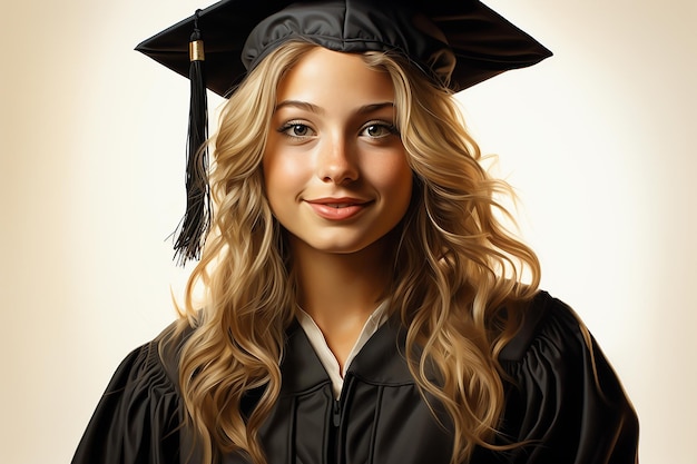 Portret młodej dziewczyny w stroju na uroczystość ukończenia studiów odizolowany na tle