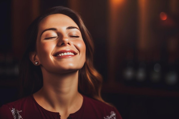 Portret młodej klientki pijącej czerwone wino z zamkniętymi oczami