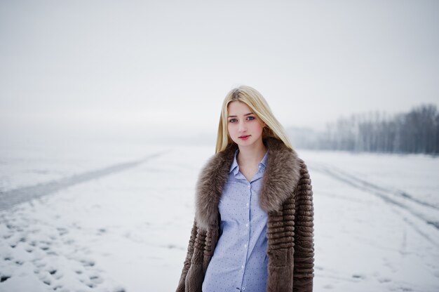 Portret młodej kobiety blondynka elegancji w futrze, mglista rzeka na lodzie zimowym.