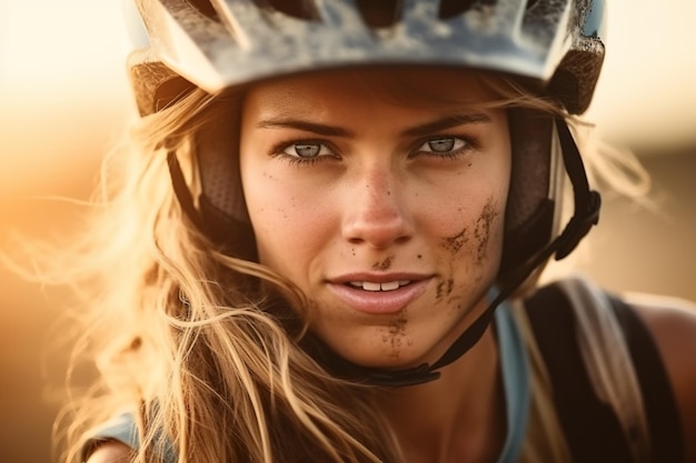 Portret młodej kobiety jadącej na rowerze twarz rowerzysty na generatywnym rowerze sportowym AI