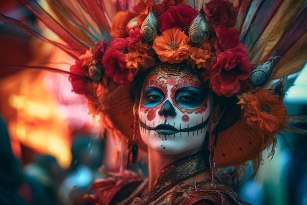 Portret młodej kobiety jako la Catrina z jasnym malowanym makijażem i dekoracjami kwiatowymi na głowie Tradycyjne święto meksykańskiego święta przygotowane na festiwal La Muerte wygenerowało AI