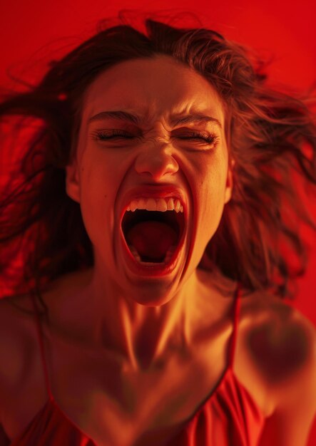 Portret młodej kobiety, która krzyczy na czerwonym tle