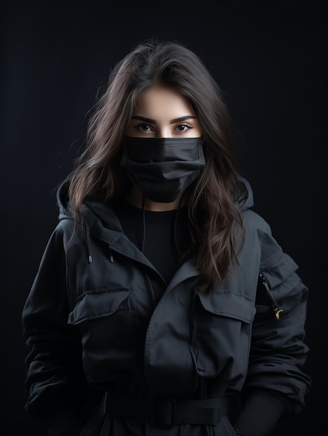 portret młodej kobiety noszącej maskę ochronną na czarnym tle