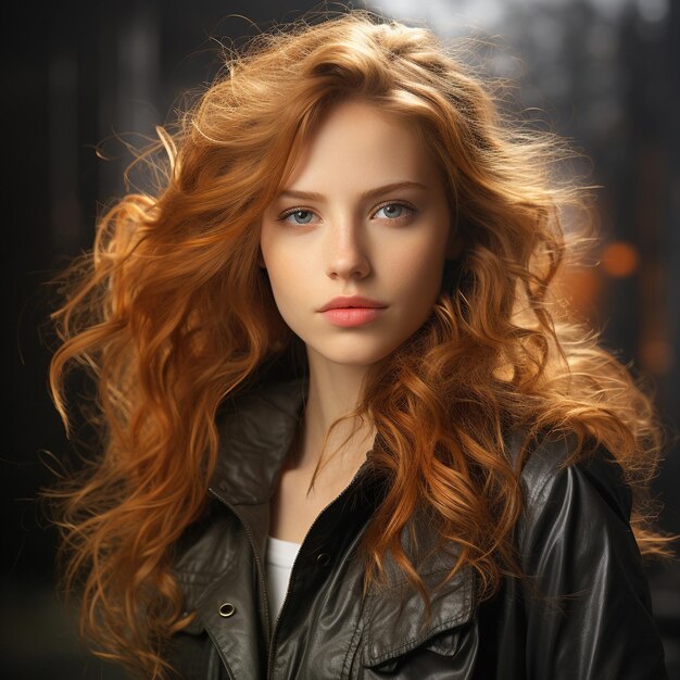 Portret młodej kobiety o pięknej twarzy, długich czerwonych kręconych włosach